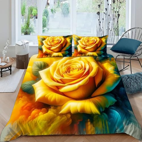 HOGDISAJD Gelbe Rose Bettwäsche Weiche Feder Pflanze 3D Effekt Mit 2 Kopfkissenbezüge Luxus Bettbezug Set 3teilig Jugendliche Kinder König（220x240cm） von HOGDISAJD