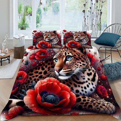 HOGDISAJD Gepard Bettbezug Feder Rote Rose 3D Gedruckt Bettdeckenbezug Mit 2 Kopfkissenbezüge LuxusBettwäsche Sets 3teilig Für Jungen Und Mädchen Double（200x200cm） von HOGDISAJD