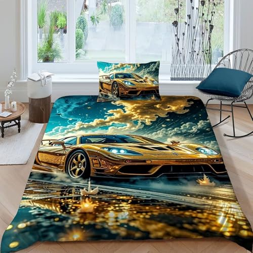 HOGDISAJD Goldener Sportwagen Bettbezug Weiche Feder Auto 3D Gedruckt Bettdeckenbezug Mit Reißverschluss Luxus Bettbezug Set 2 Stück Für Jungen Und Mädchen Single（135x200cm） von HOGDISAJD