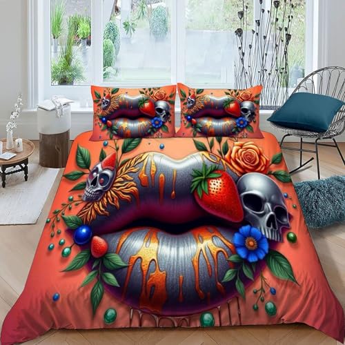 HOGDISAJD Graffiti Lippen Bettwäsche Weiche Feder Bunte Blumen 3D Gedruckt Bettdeckenbezug + 2 Kissenbezug Luxus Bettbezug Set 3Pcs Für Kinder Jugendliche König（220x240cm） von HOGDISAJD