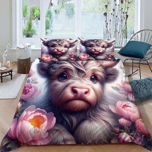 HOGDISAJD Highland-Rinder Bettbezug Feder Cute Tiers 3D Gedruckt Bettdeckenbezug Mit 2 Kopfkissenbezüge Luxus Bettbezug Set 3teilig Für Jungen Und Mädchen Super König（260x220cm） von HOGDISAJD