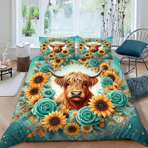 HOGDISAJD Highland-Rinder Bettwäsche Feder SonneBlumen 3D Gedruckt Bettdeckenbezug Mit 2 Kopfkissenbezüge LuxusBettwäsche Sets 3teilig Für Jungen Und Mädchen Double（200x200cm） von HOGDISAJD