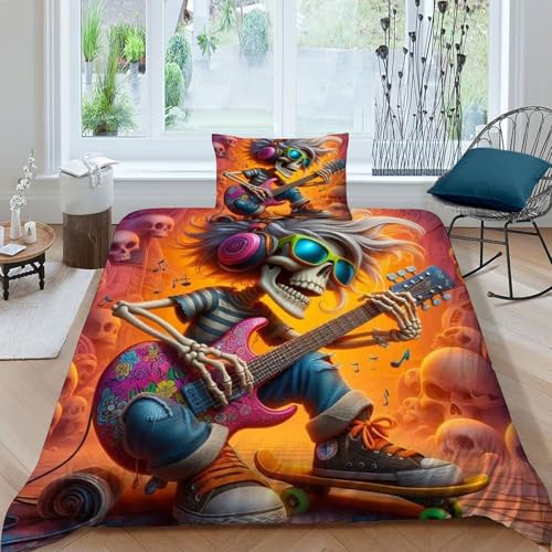 HOGDISAJD Hip Hop Skelett Bettwäsche Weiche Feder künstlerischer Stil 3D Effekt Und 1 Kissenbezug LuxusBettwäsche Sets 2teilig Für Jungen Und Mädchen Single（135x200cm） von HOGDISAJD