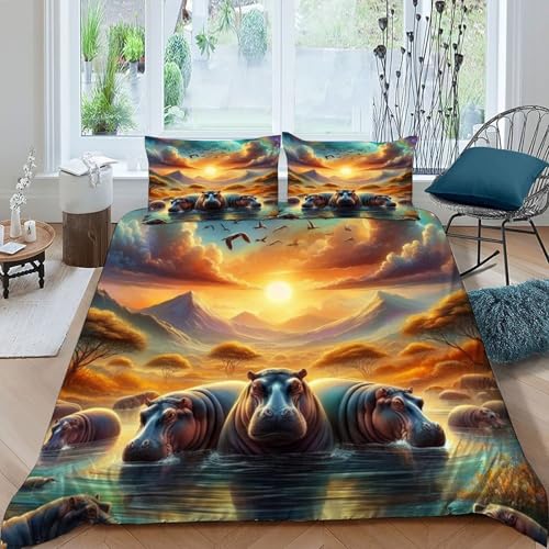 HOGDISAJD Hippopotamus Bettbezug Feder Bunter Himmel 3D Gedruckt Bettdeckenbezug Mit 2 Kopfkissenbezüge LuxusBettwäsche Sets 3 Stück Für Jungen Und Mädchen König（220x240cm） von HOGDISAJD