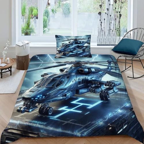 HOGDISAJD Hubschrauber Bettbezug Weiche Feder Flugzeuge 3D Effekt Luxus Bettbezug Set Mit Reißverschluss 2 Stück Für Kinder Jugendliche Single（135x200cm） von HOGDISAJD