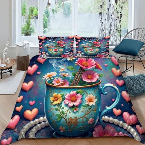 HOGDISAJD Kaffeetasse Bettbezug Weiche Feder Bunte Blumen 3D Gedruckt Bettdeckenbezug Und 2 Kissenbezug LuxusBettwäsche Sets 3teilig Für Jungen Und Mädchen König（220x240cm） von HOGDISAJD