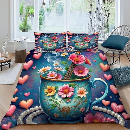 HOGDISAJD Kaffeetasse Bettwäsche Weiche Feder Bunte Blumen 3D Gedruckt Bettdeckenbezug Mit 2 Kopfkissenbezüge Luxus Bettbezug Set 3Pcs Zimmer Dekorative Double（200x200cm） von HOGDISAJD