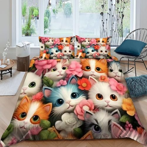 HOGDISAJD Katze Bettbezug Feder Cute Tiers 3D Gedruckt Bettdeckenbezug Mit 2 Kopfkissenbezüge LuxusBettwäsche Sets 3 Stück Für Jungen Und Mädchen Super König（260x220cm） von HOGDISAJD