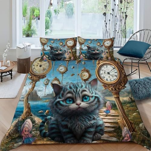 HOGDISAJD Katze Bettbezug Feder Uhr 3D Gedruckt Bettdeckenbezug Mit 2 Kopfkissenbezüge Luxus Bettbezug Set 3 Stück Für Jungen Und Mädchen König（220x240cm） von HOGDISAJD