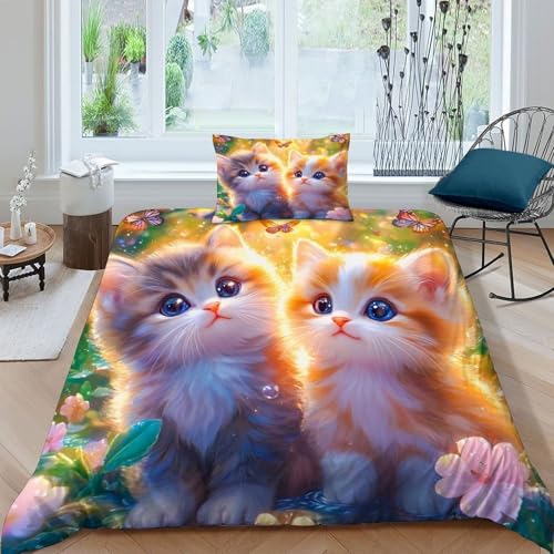 HOGDISAJD Katze Bettbezug Weiche Feder Cute Tiers 3D Gedruckt Bettdeckenbezug + 1 Kissenbezug LuxusBettwäsche Sets 2teilig Für Jungen Und Mädchen Single（135x200cm） von HOGDISAJD
