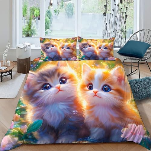 HOGDISAJD Katze Bettwäsche Feder Cute Tiers 3D Gedruckt Bettdeckenbezug Mit 2 Kopfkissenbezüge LuxusBettwäsche Sets 3 Stück Für Jungen Und Mädchen Double（200x200cm） von HOGDISAJD