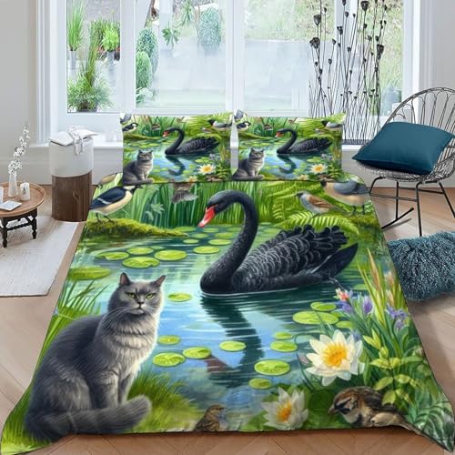 HOGDISAJD Katze Schwarzer Schwan Bettwäsche Feder Cute Tiers 3D Gedruckt Bettdeckenbezug Mit Reißverschluss LuxusBettwäsche Sets 3 Stück Für Jungen Und Mädchen König（220x240cm） von HOGDISAJD