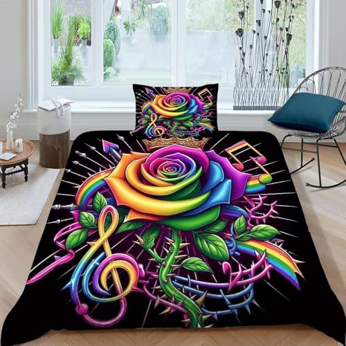 HOGDISAJD Krone Rose Bettwäsche Weiche Feder Graffiti Pflanzen 3D Gedruckt Bettdeckenbezug Und 1 Kissenbezug Luxus Bettbezug Set 2Pcs Für Kinder Jugendliche Single（135x200cm） von HOGDISAJD