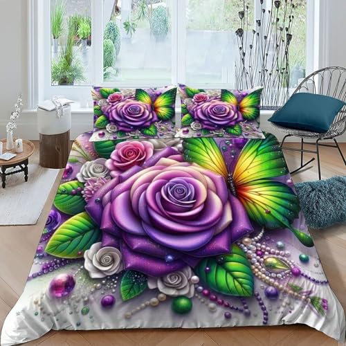 HOGDISAJD Lila Rose Bettbezug Weiche Feder Colorful Pflanzes 3D Effekt Luxus Bettbezug Set Mit Reißverschluss 3Pcs Für Kinder Jugendliche King（220x240cm） von HOGDISAJD