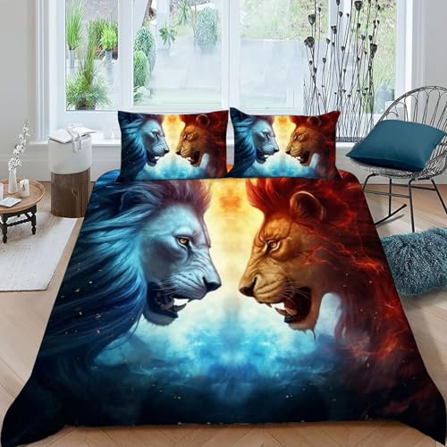 HOGDISAJD Löwen Bettbezug Weiche Feder EIS und Feuer 3D Gedruckt Bettdeckenbezug Und 2 Kissenbezug LuxusBettwäsche Sets 3Pcs Für Kinder Jugendliche Double（200x200cm） von HOGDISAJD