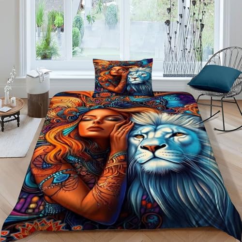 HOGDISAJD Löwen Mädchen Bettbezug Weiche Feder Graffiti Stil 3D Gedruckt Bettdeckenbezug Und 1 Kissenbezug LuxusBettwäsche Sets 2Pcs Für Kinder Jugendliche Single（135x200cm） von HOGDISAJD