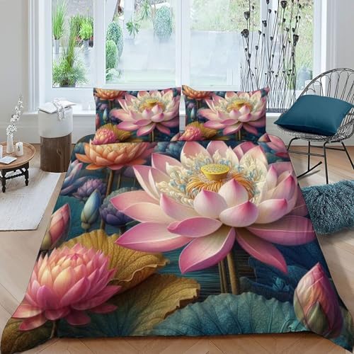 HOGDISAJD Lotus Bettbezug Weiche Feder Pflanze 3D Effekt LuxusBettwäsche 3 Stück Mit 2 Kopfkissenbezüge Sets Für Jungen Und Mädchen Super König（260x220cm） von HOGDISAJD
