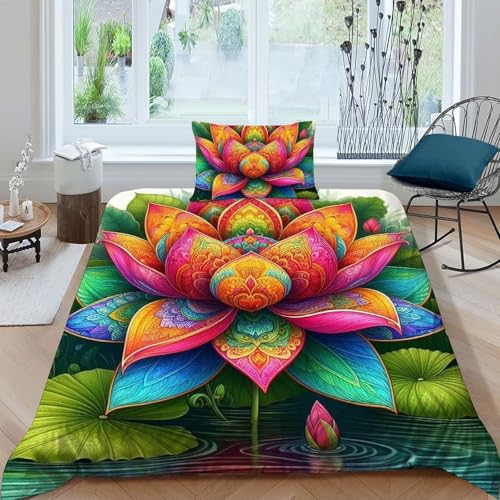HOGDISAJD Lotus Bettbezug Weiche Feder Pflanze 3D Gedruckt Bettdeckenbezug + 1 Kissenbezug Luxus Bettbezug Set 2 Stück Für Jungen Und Mädchen Single（135x200cm） von HOGDISAJD