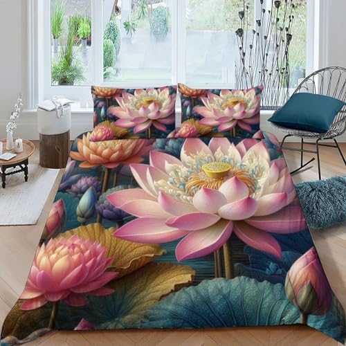 HOGDISAJD Lotus Bettbezug Weiche Feder Pflanze 3D Gedruckt Bettdeckenbezug + 2 Kissenbezug LuxusBettwäsche Sets 3Pcs Für Jungen Und Mädchen König（220x240cm） von HOGDISAJD