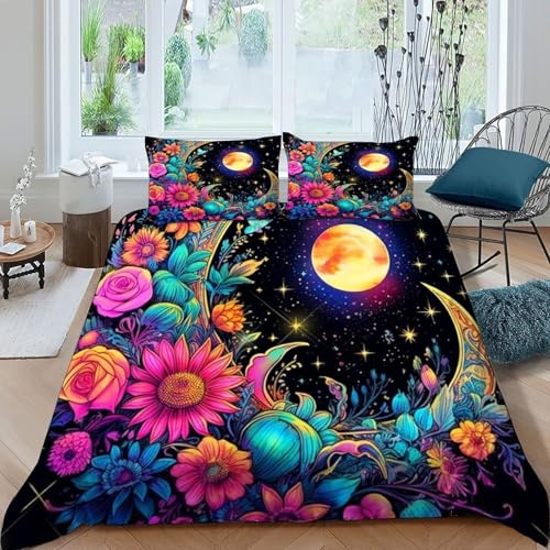 HOGDISAJD Mond Bettbezug Feder Bunte Blumen 3D Gedruckt Bettdeckenbezug Mit 2 Kopfkissenbezüge Luxus Bettbezug Set 3 Stück Für Jungen Und Mädchen König（220x240cm） von HOGDISAJD
