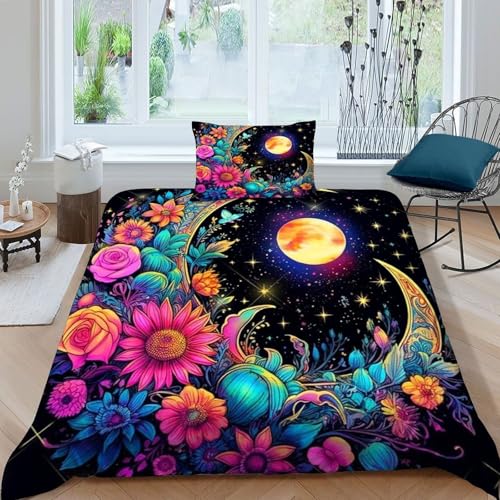 HOGDISAJD Mond Bettbezug Weiche Feder Bunte Blumen 3D Gedruckt Bettdeckenbezug Mit 1 Kopfkissenbezüge Luxus Bettbezug Set 2Pcs Zimmer Dekorative Single（135x200cm） von HOGDISAJD