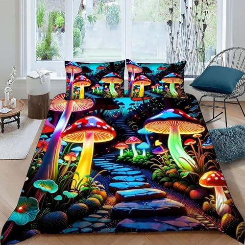 HOGDISAJD Nacht Pilze Bettbezug Weiche Feder Pflanze 3D Gedruckt Bettdeckenbezug + 2 Kissenbezug LuxusBettwäsche Sets 3Pcs Für Jungen Und Mädchen König（220x240cm） von HOGDISAJD