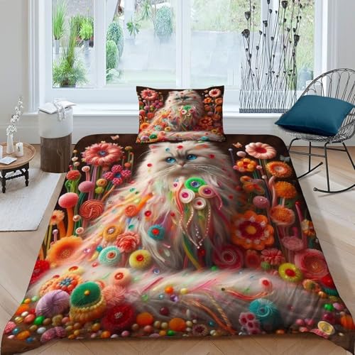 HOGDISAJD Painted Katze Bettbezug Weiche Feder Bunte Blumen 3D Effekt LuxusBettwäsche 2 Stück Mit 1 Kopfkissenbezüge Sets Für Jungen Und Mädchen Single（135x200cm） von HOGDISAJD