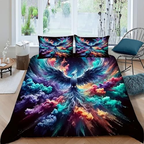 HOGDISAJD Phoenix Bettbezug Weiche Feder Farbiger Rauch 3D Effekt Luxus Bettbezug Set Mit Reißverschluss 3 Stück Für Kinder Jugendliche König（220x240cm） von HOGDISAJD