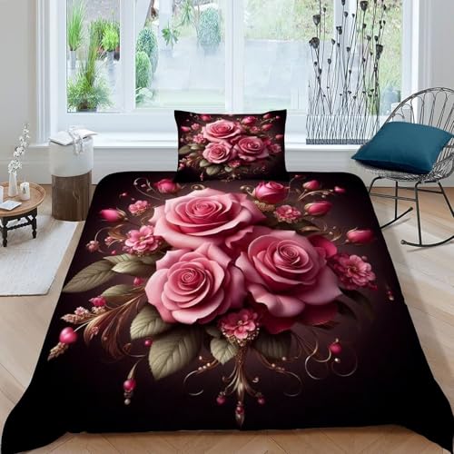 HOGDISAJD Pink Blumen Bettbezug Feder Pflanze 3D Gedruckt Bettdeckenbezug Mit 1 Kopfkissenbezüge LuxusBettwäsche Sets 2 Stück Für Jungen Und Mädchen Single（135x200cm） von HOGDISAJD