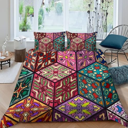 HOGDISAJD Polygon Bettbezug Weiche Feder Totem Blumen 3D Gedruckt Bettdeckenbezug + 2 Kissenbezug LuxusBettwäsche Sets 3teilig Für Jungen Und Mädchen König（220x240cm） von HOGDISAJD