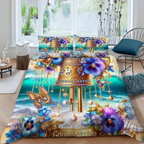 HOGDISAJD Purple Blumen Copper Bell Bettbezug Feder Wellen 3D Bettbezug Mit 2 Kopfkissenbezüge LuxusBettwäsche Sets 3teilig Zimmer Dekorative König（220x240cm） von HOGDISAJD