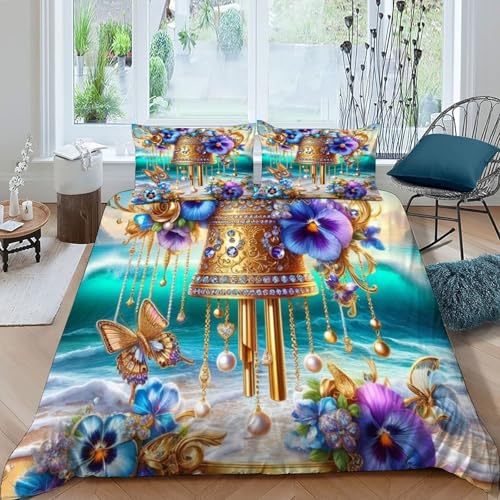 HOGDISAJD Purple Blumen Copper Bell Bettbezug Weiche Feder Wellen 3D Gedruckt Bettdeckenbezug + 2 Kissenbezug Luxus Bettbezug Set 3 Stück Für Jungen Und Mädchen Super König（260x220cm） von HOGDISAJD