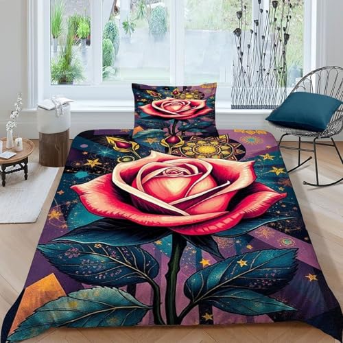 HOGDISAJD Rose Bettbezug Weiche Feder Pflanze 3D Gedruckt Bettdeckenbezug Mit Reißverschluss Luxus Bettbezug Set 2Pcs Für Jungen Und Mädchen Single（135x200cm） von HOGDISAJD