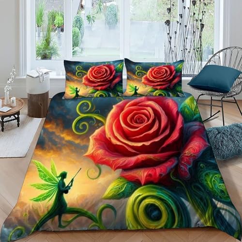 HOGDISAJD Rote Rose Bettbezug Weiche Feder Pflanze 3D Gedruckt Bettdeckenbezug Mit Reißverschluss Luxus Bettbezug Set 3 Stück Für Jungen Und Mädchen Super König（260x220cm） von HOGDISAJD
