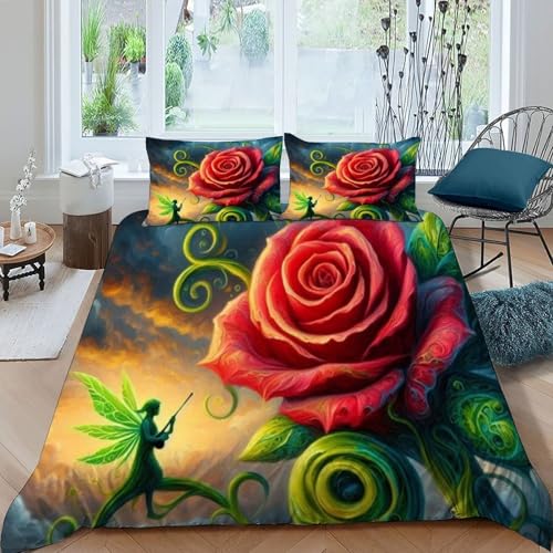 HOGDISAJD Rote Rose Bettwäsche Feder Pflanze 3D Gedruckt Bettdeckenbezug Mit Reißverschluss Luxus Bettbezug Set 3 Stück Für Jungen Und Mädchen Double（200x200cm） von HOGDISAJD