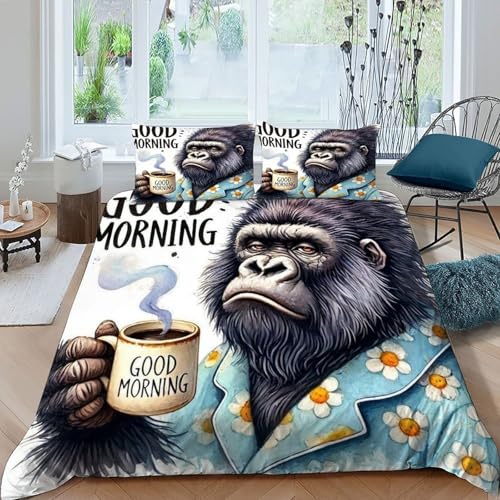 HOGDISAJD Schläfriger Gorilla Bettbezug Weiche Feder Tier 3D Gedruckt Bettdeckenbezug Und 2 Kissenbezug Luxus Bettbezug Set 3 Stück Für Jungen Und Mädchen Super König（260x220cm） von HOGDISAJD