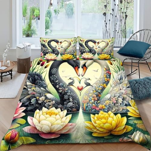 HOGDISAJD Schwan Bettwäsche Feder Cute Tiers 3D Gedruckt Bettdeckenbezug Mit Reißverschluss Luxus Bettbezug Set 3Pcs Für Jungen Und Mädchen Double（200x200cm） von HOGDISAJD
