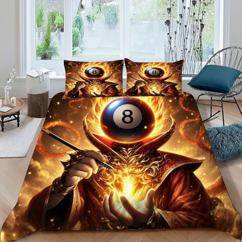 HOGDISAJD Schwarz 8 Tischtennis Bettbezug Feder Flamme 3D Bettbezug Mit 2 Kopfkissenbezüge LuxusBettwäsche Sets 3 Stück Für Jungen Und Mädchen König（220x240cm） von HOGDISAJD
