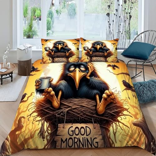 HOGDISAJD Schwarze Krähe Bettbezug Feder Cute Tiers 3D Gedruckt Bettdeckenbezug Mit 2 Kopfkissenbezüge LuxusBettwäsche Sets 3teilig Für Jungen Und Mädchen Super König（260x220cm） von HOGDISAJD