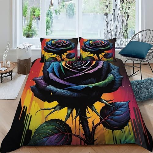 HOGDISAJD Schwarze Rose Bettbezug Weiche Feder Pflanze 3D Gedruckt Bettdeckenbezug Und 2 Kissenbezug Luxus Bettbezug Set 3 Stück Für Jungen Und Mädchen König（220x240cm） von HOGDISAJD