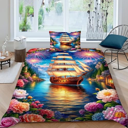HOGDISAJD Segelboot Bettbezug Weiche Feder Landschaft 3D Gedruckt Bettdeckenbezug Und 1 Kissenbezug Luxus Bettbezug Set 2teilig Für Jungen Und Mädchen Single（135x200cm） von HOGDISAJD
