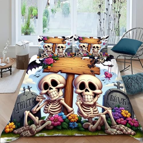 HOGDISAJD Skelett Bettbezug Weiche Feder künstlerischer Stil 3D Effekt Luxus Bettbezug Set Mit Reißverschluss 3Pcs Für Kinder Jugendliche Super King（260x220cm） von HOGDISAJD