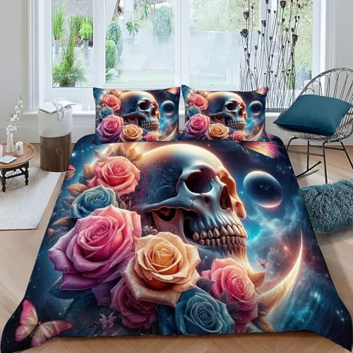 HOGDISAJD Skelett Mond Bettwäsche Weiche Feder Bunte Blumen 3D Gedruckt Bettdeckenbezug Mit 2 Kopfkissenbezüge LuxusBettwäsche Sets 3Pcs Zimmer Dekorative Super König（260x220cm） von HOGDISAJD