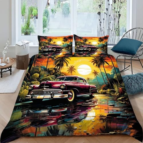 HOGDISAJD Sonnenuntergang Sportwagen Bettbezug Weiche Feder Landschaft 3D Effekt Luxus Bettbezug Mit Reißverschluss Set 3teilig Für Jungen Und Mädchen König（220x240cm） von HOGDISAJD