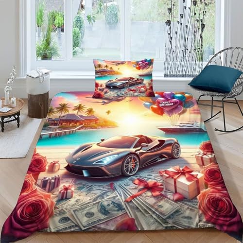 HOGDISAJD Strandsportwagen Bettbezug Weiche Feder künstlerischer Stil 3D Gedruckt Bettdeckenbezug + 1 Kissenbezug Luxus Bettbezug Set 2 Stück Für Jungen Und Mädchen Single（135x200cm） von HOGDISAJD