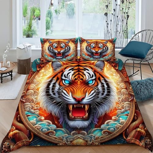 HOGDISAJD Tigerkopf Bettwäsche Weiche Feder Wildtiere 3D Gedruckt LuxusBettwäsche Sets Mit Reißverschluss Bettdeckenbezug 3 Stück Zimmer DekoRatteive Double（200x200cm） von HOGDISAJD