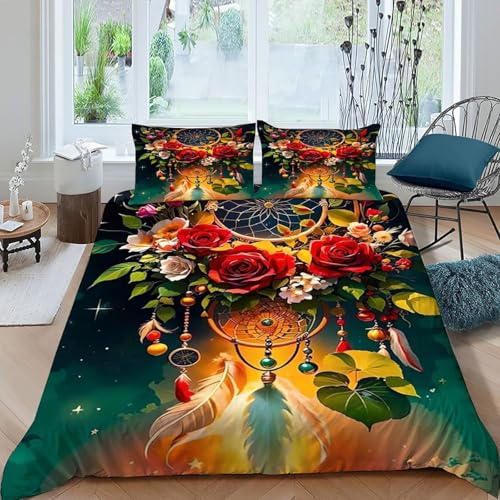 HOGDISAJD Traumfanger Bettbezug Weiche Feder Bunte Blumen 3D Gedruckt Bettdeckenbezug Mit 2 Kopfkissenbezüge Luxus Bettbezug Set 3 Stück Zimmer Dekorative König（220x240cm） von HOGDISAJD