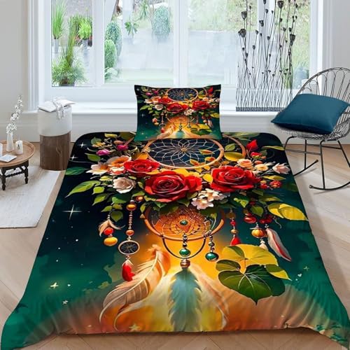 HOGDISAJD Traumfanger Bettwäsche Feder Bunte Blumen 3D Gedruckt Bettdeckenbezug Mit Reißverschluss Luxus Bettbezug Set 2Pcs Für Jungen Und Mädchen Single（135x200cm） von HOGDISAJD