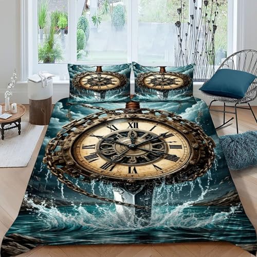HOGDISAJD Uhr Bettbezug Feder Zurück in die Zukunft 3D Gedruckt Bettdeckenbezug Mit 2 Kopfkissenbezüge Luxus Bettbezug Set 3teilig Für Jungen Und Mädchen Double（200x200cm） von HOGDISAJD