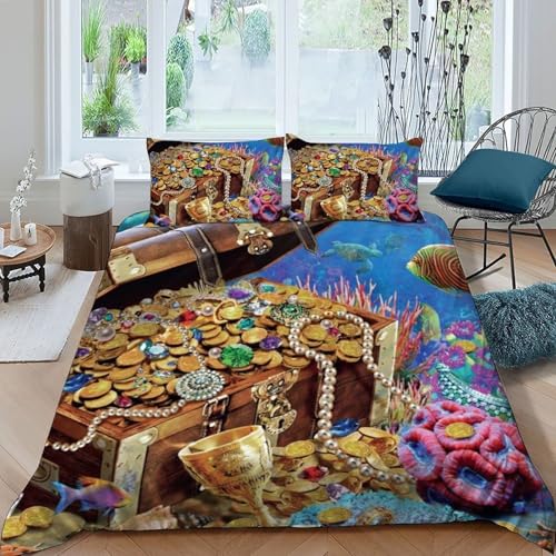 HOGDISAJD Unterwasser Schmuck Bettbezug Weiche Feder Reichtum 3D Gedruckt Bettdeckenbezug Mit Reißverschluss Luxus Bettbezug Set 3 Stück Für Jungen Und Mädchen Double（200x200cm） von HOGDISAJD